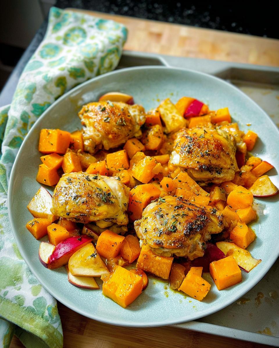 A plate of roasted chicken thighs served with cubes of butternut squash and apple slices, seasoned with herbs.