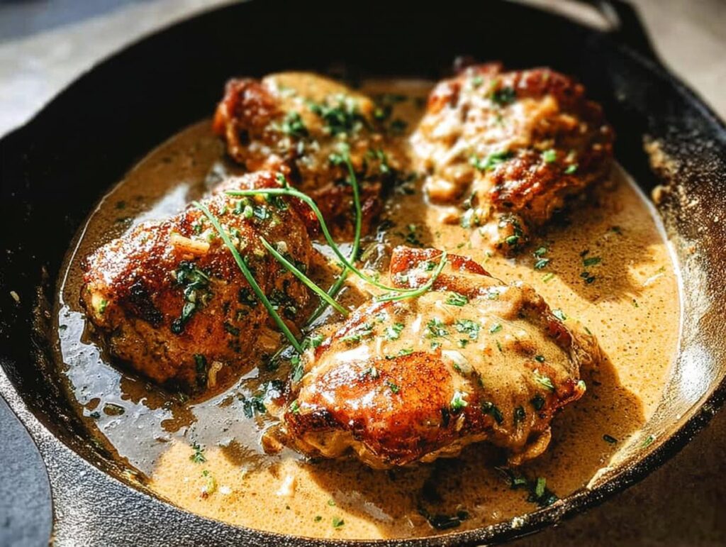 Four pan-seared chicken thighs in a rich, creamy sauce, garnished with fresh herbs. A perfect beginner chicken thigh recipe.
