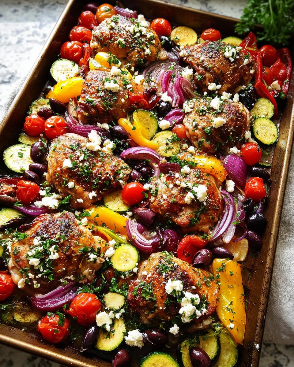 A colorful sheet pan meal prep featuring seasoned chicken thighs with roasted vegetables like zucchini, bell peppers, tomatoes, olives, and red onion, topped with feta cheese.