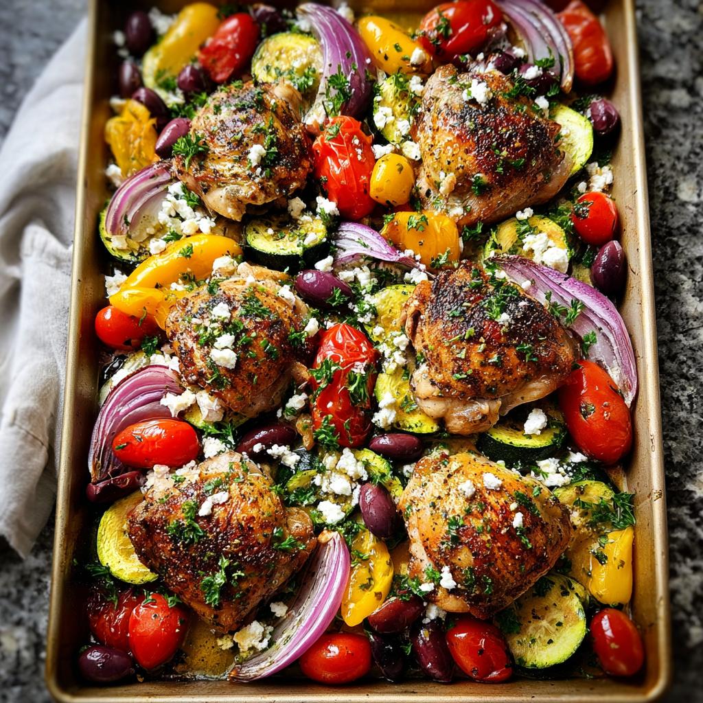 A colorful sheet pan meal prep with seasoned chicken thighs, zucchini, bell peppers, tomatoes, red onion, olives, and feta cheese.