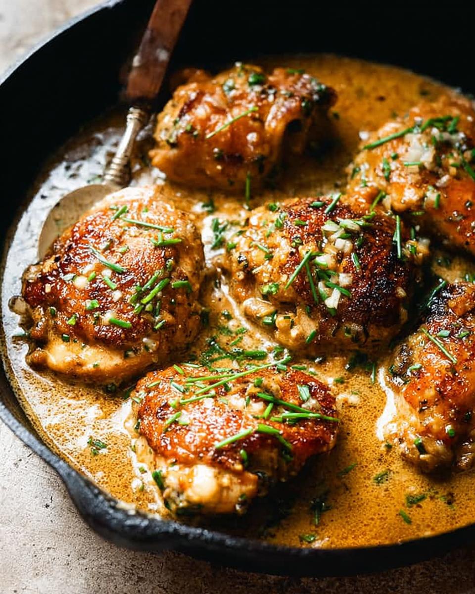 Close-up of pan-seared chicken thighs in a rich, savory sauce, garnished with fresh chives.