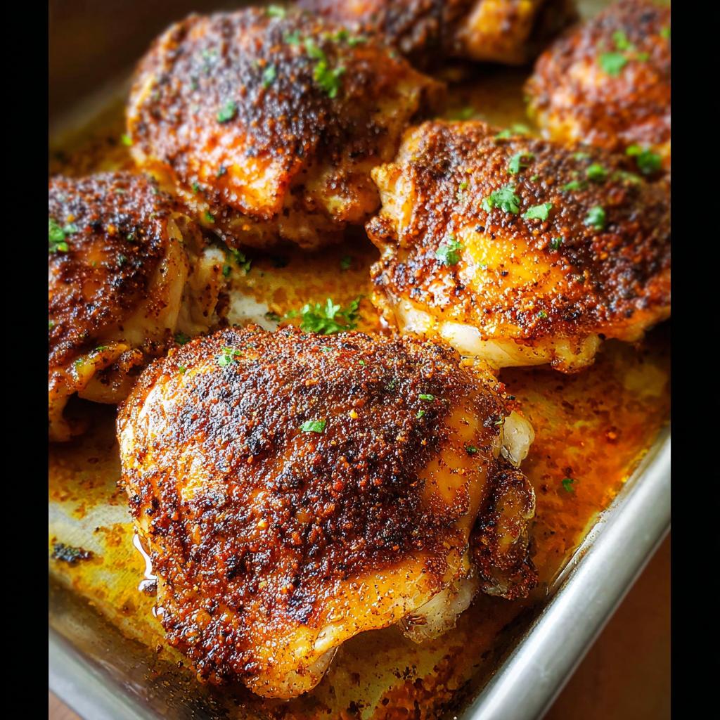 Close-up of perfectly seasoned chicken thighs with crispy skin, ready for a delicious chicken thigh recipe.