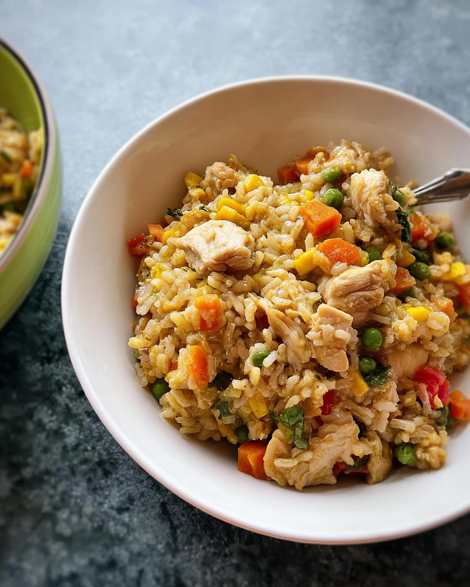 Close-up of a bowl of quick chicken and vegetable rice bowls, featuring rice, chicken, peas, carrots, and corn.