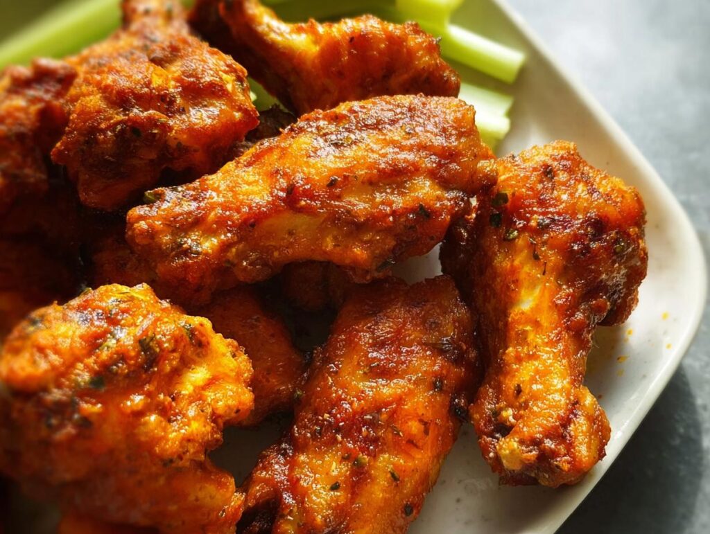 A close-up of a plate piled high with crispy, saucy chicken wings, served with celery sticks.