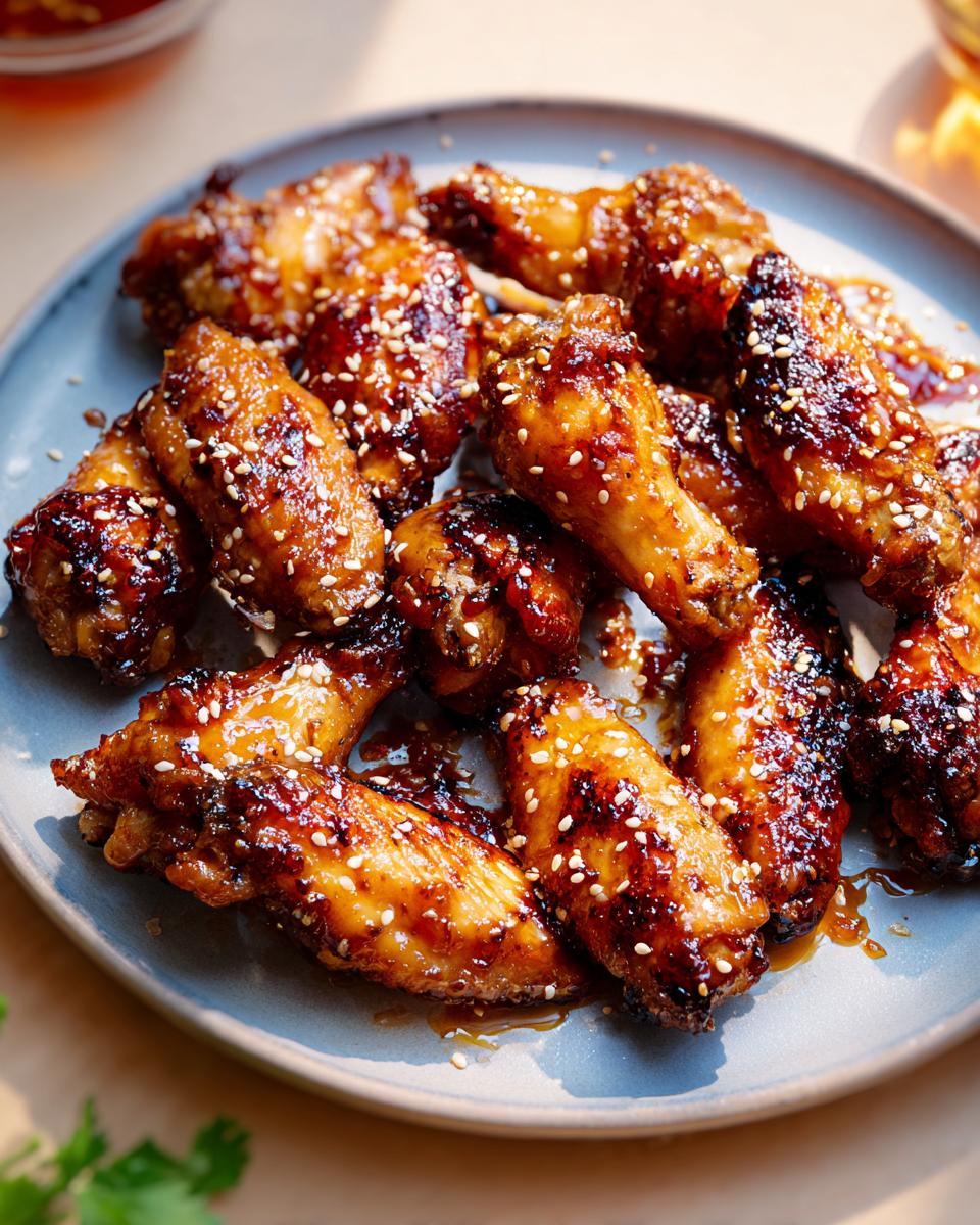 A plate of glossy, glazed chicken wings sprinkled with sesame seeds, perfect for meal prep.
