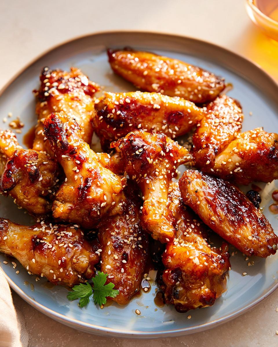 A plate of sticky glazed chicken wings sprinkled with sesame seeds, perfect for meal prep.