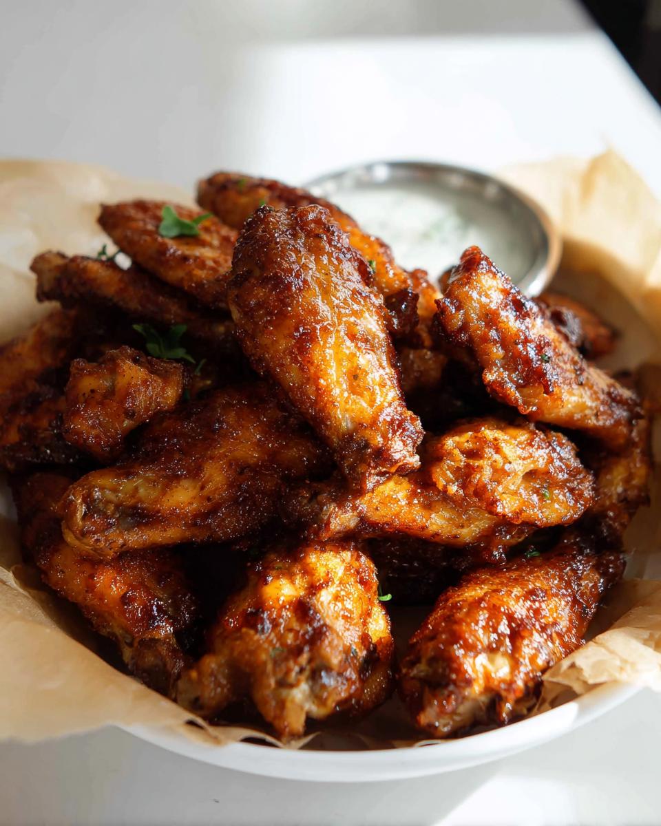A close-up of a pile of golden-brown, crispy chicken wings served with a small bowl of dipping sauce.