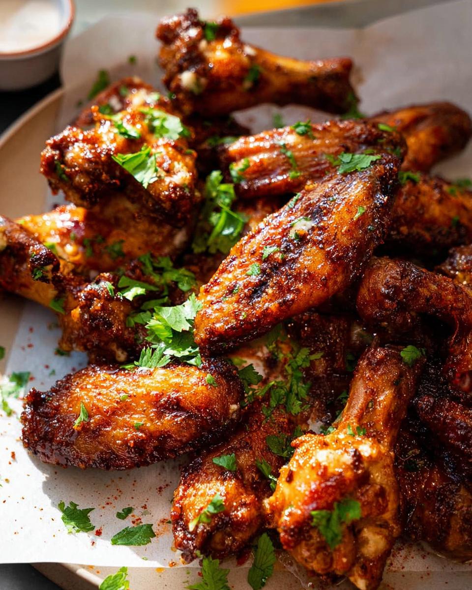 A close-up shot of a pile of delicious, crispy chicken wings, garnished with fresh parsley.
