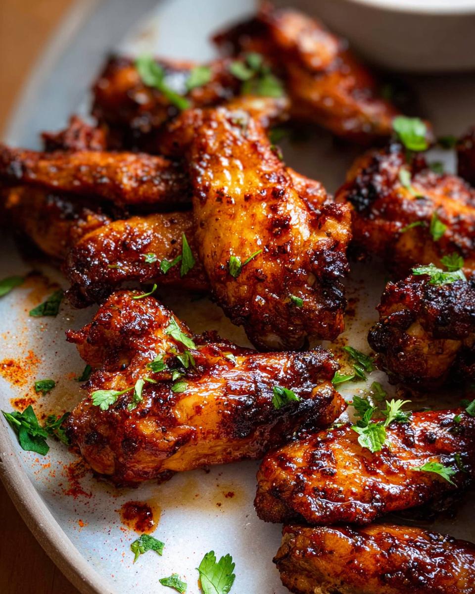 Close-up of perfectly cooked, glazed chicken wings seasoned with spices and garnished with fresh parsley.