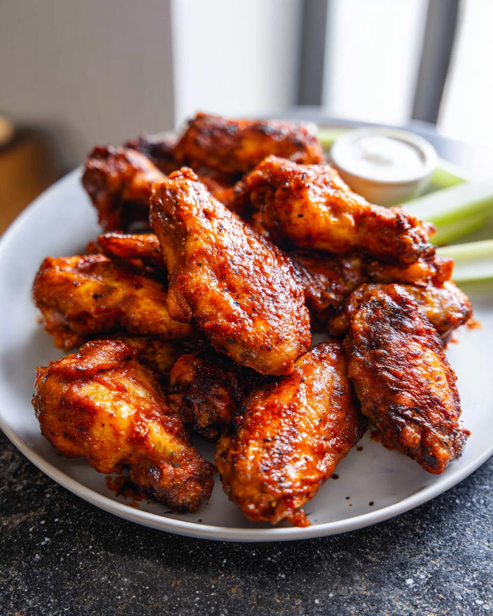 A plate full of crispy, saucy chicken wings served with celery sticks and a small bowl of dipping sauce.