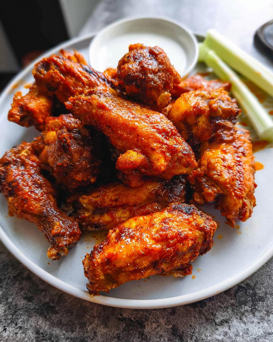A plate full of crispy, saucy chicken wings served with a side of ranch dip and celery sticks.
