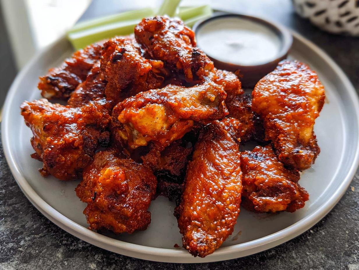 A plate of glossy, saucy chicken wings served with celery sticks and a small bowl of dipping sauce.