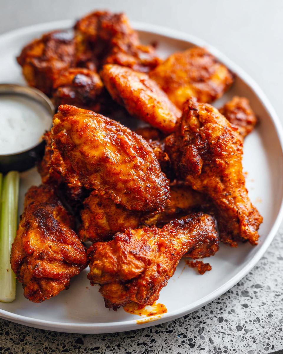 A plate of perfectly cooked chicken wings with a spicy red coating, served with a side of ranch dip and celery sticks.