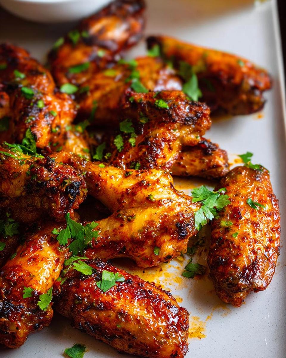 A close-up of perfectly cooked, glossy chicken wings seasoned with spices and garnished with fresh parsley.