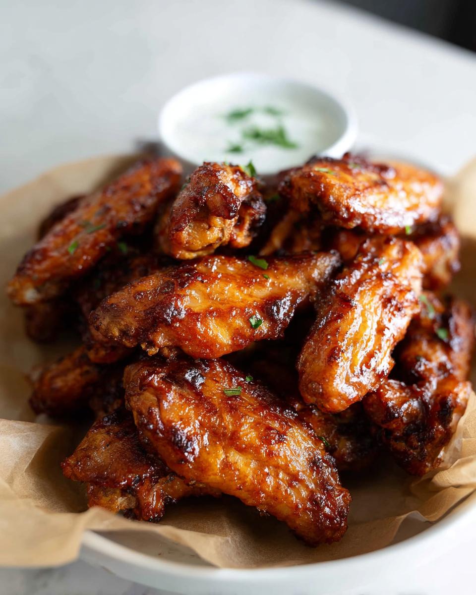 A close-up of glossy, baked chicken wings served with a side of dipping sauce, perfect for quick Chicken Wings Recipes in 20 Minutes.