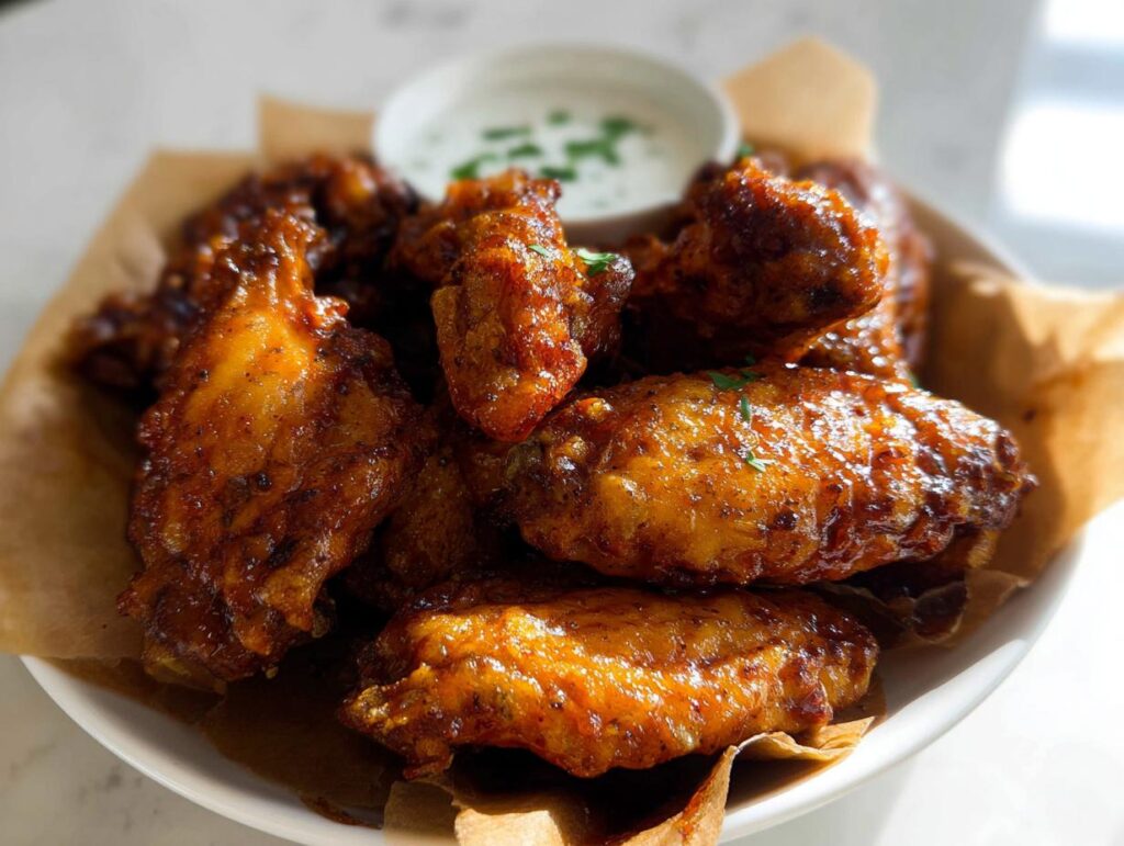A plate of glossy, saucy chicken wings, part of our Chicken Wings Recipes in 20 Minutes feature.
