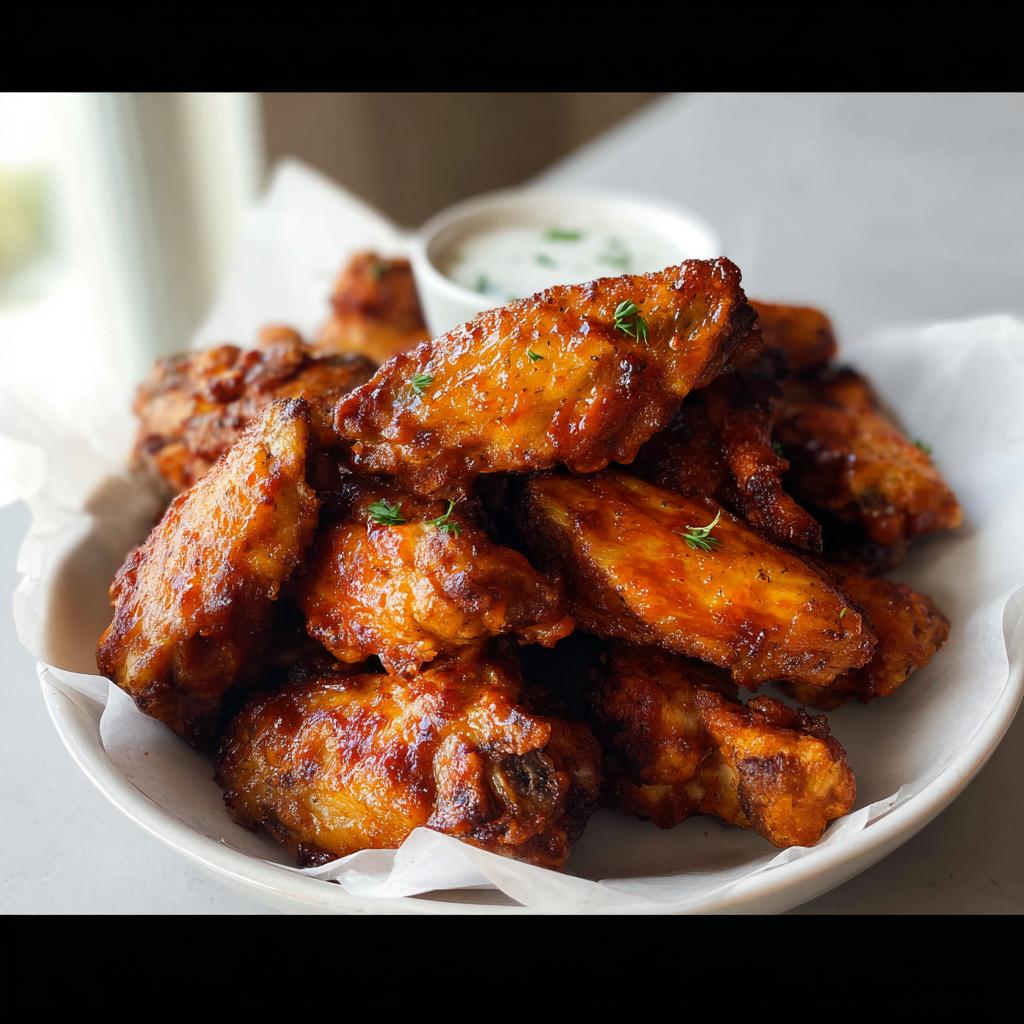 A close-up of a pile of glossy, saucy chicken wings, garnished with herbs, served with a side of dipping sauce.