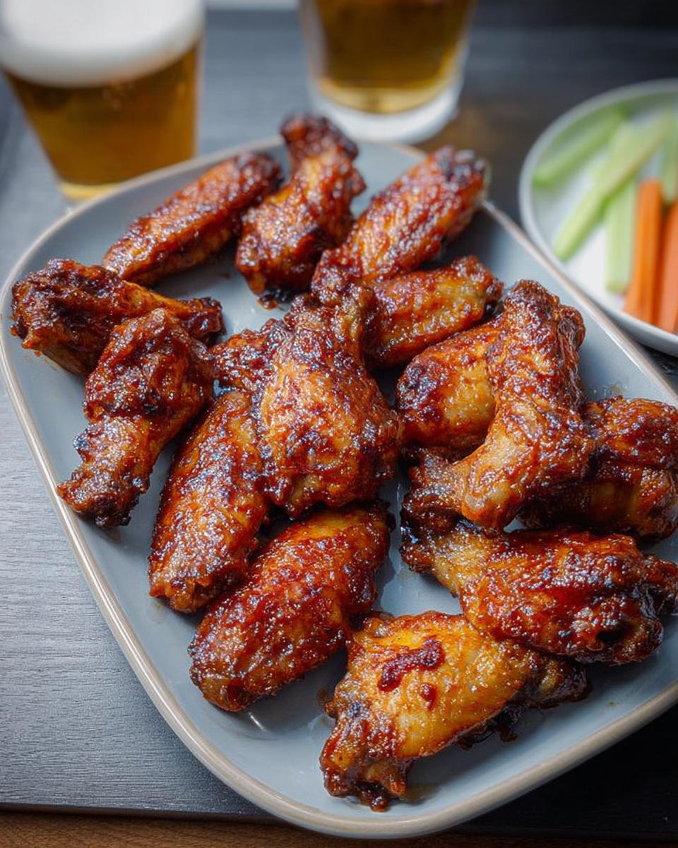 Plate of glossy, glazed chicken wings, perfect for chicken wings recipes, served with celery and carrot sticks and beer.