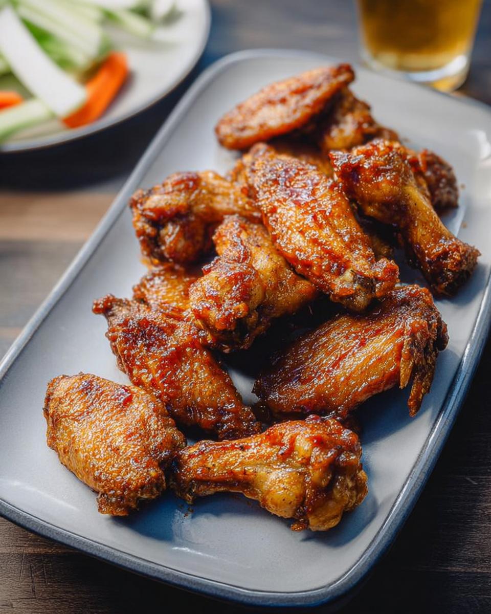 A platter of perfectly baked chicken wings, glazed and glistening, served with celery and carrot sticks.
