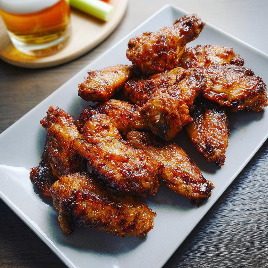 A plate of glossy, golden-brown chicken wings, perfect for satisfying chicken wing cravings.