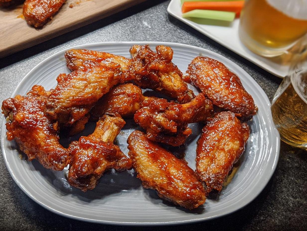 A plate of glossy, saucy chicken wings, perfect for when you crave chicken wings recipes.