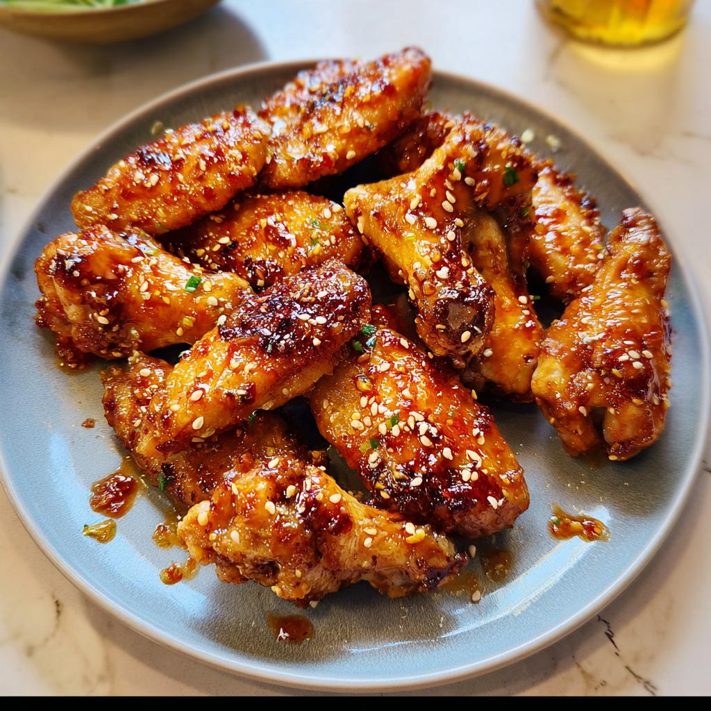 A plate of glossy, glazed chicken wings, sprinkled with sesame seeds and chives, perfect for chicken wings recipes meal prep.