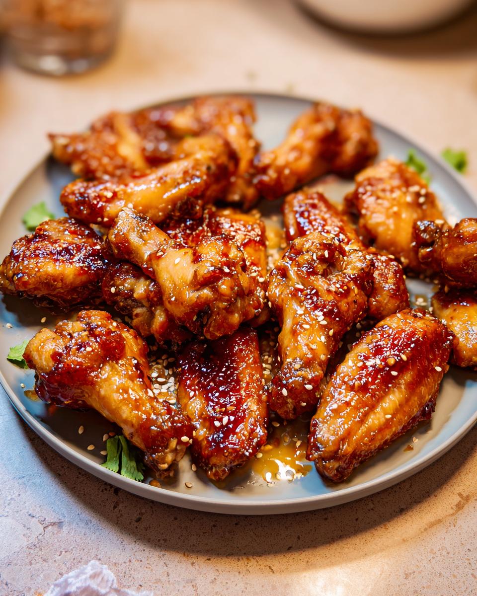 A plate of glossy, glazed chicken wings, sprinkled with sesame seeds, perfect for chicken wings recipes meal prep.
