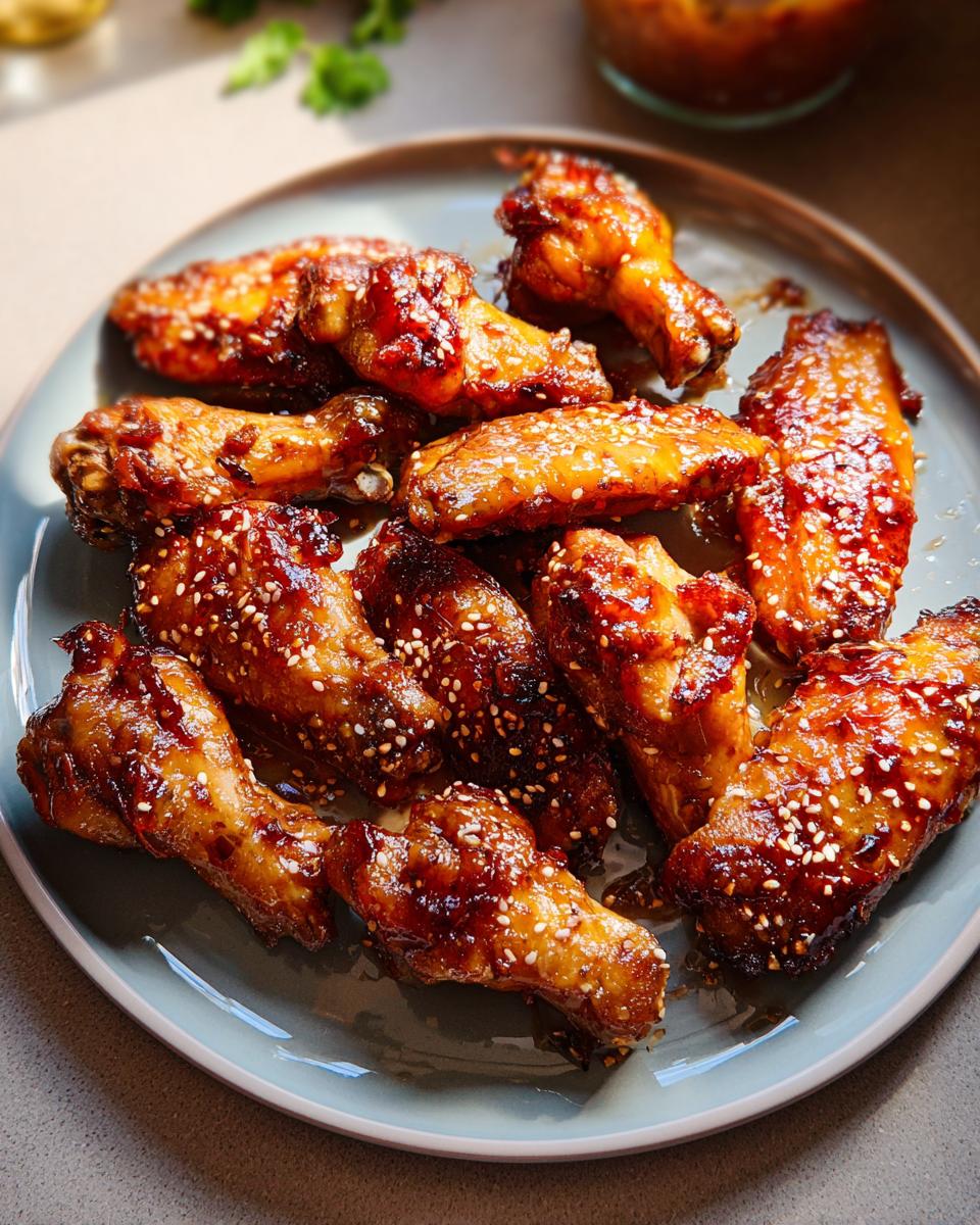 A plate full of glossy, glazed chicken wings topped with sesame seeds, perfect for chicken wings recipes meal prep.