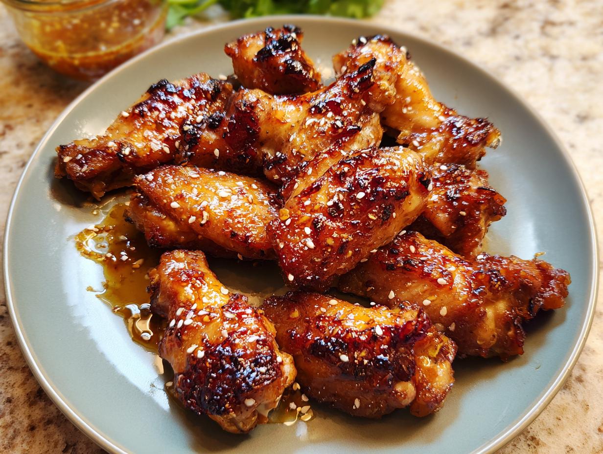 A plate of glossy, glazed chicken wings topped with sesame seeds, perfect for chicken wings recipes meal prep.