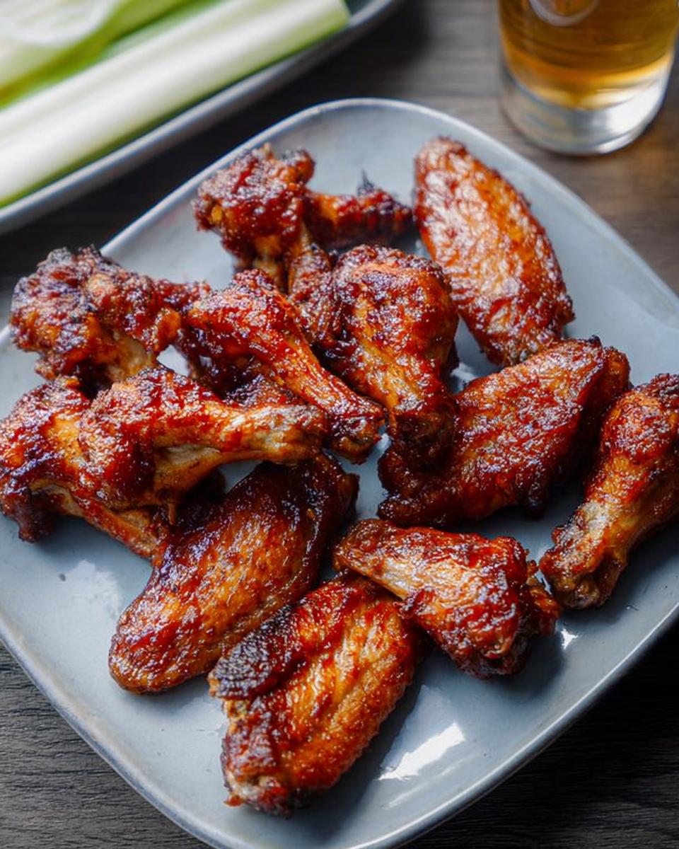 A plate of glistening, saucy chicken wings, perfect for any craving.