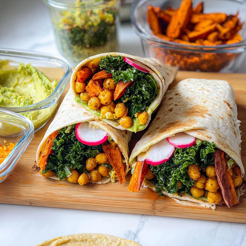 Three delicious chickpea and sweet potato wraps filled with kale and radish, perfect for sandwich ideas recipes meal prep.