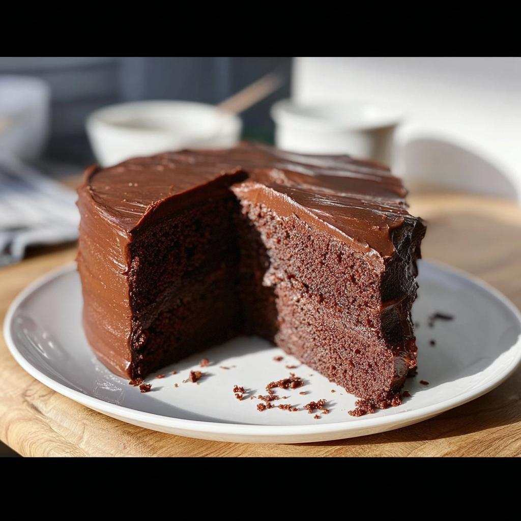 A slice of moist chocolate cake with rich chocolate frosting, part of 7-Ingredient Cake Ideas.