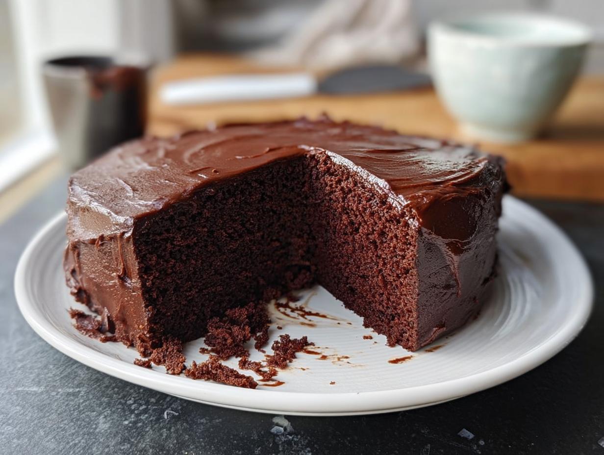 A slice of rich chocolate cake with smooth frosting, part of 7-Ingredient Cake Ideas.