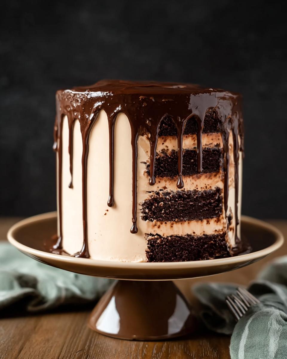A slice of decadent chocolate cake with layers of dark chocolate cake and creamy filling, topped with chocolate ganache drips.