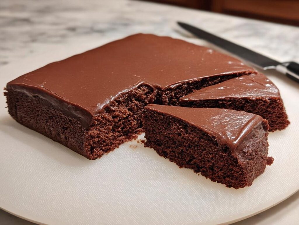 A rich chocolate cake with smooth frosting, sliced and ready to be served, showcasing its moist texture.