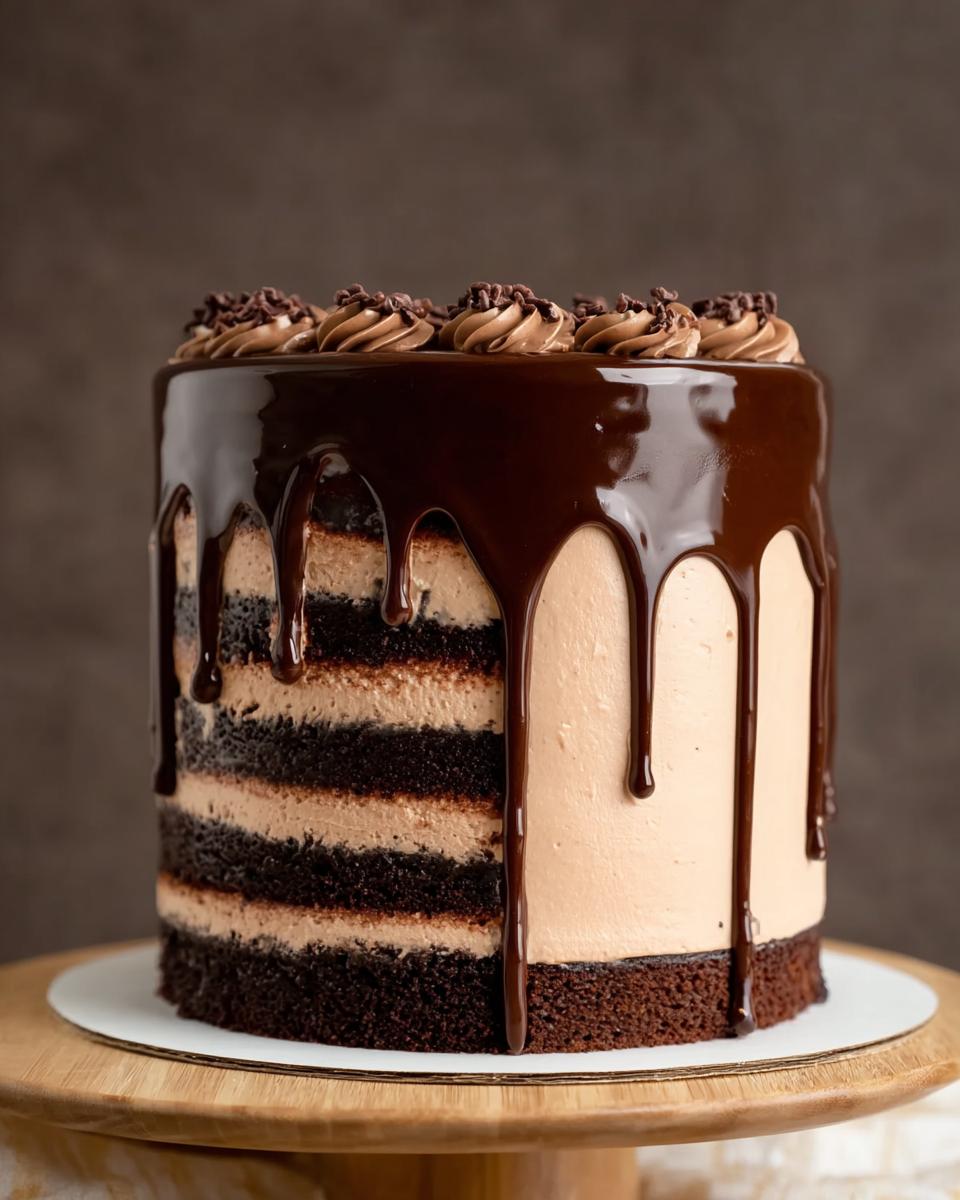 A tall, multi-layered chocolate cake with chocolate ganache drip and mocha frosting, a perfect example of cake ideas recipes.