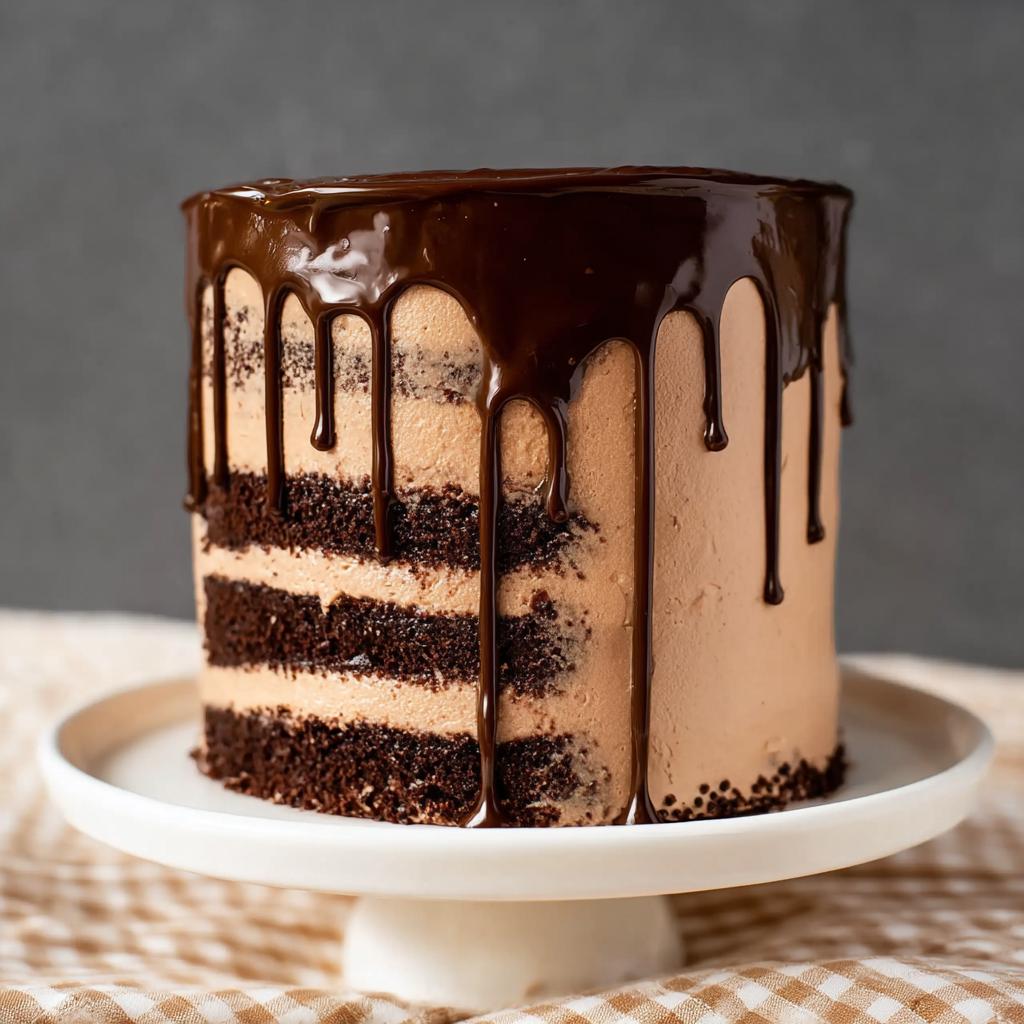 A decadent chocolate cake with layers of chocolate cake and mocha frosting, topped with chocolate ganache drips.