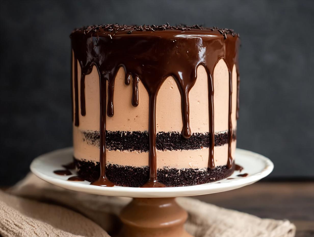 A tall, multi-layered chocolate cake with chocolate frosting and ganache drip, perfect for cake ideas recipes.