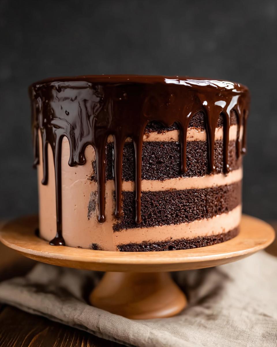 A decadent chocolate cake with layers of chocolate cake and frosting, topped with chocolate ganache drips.