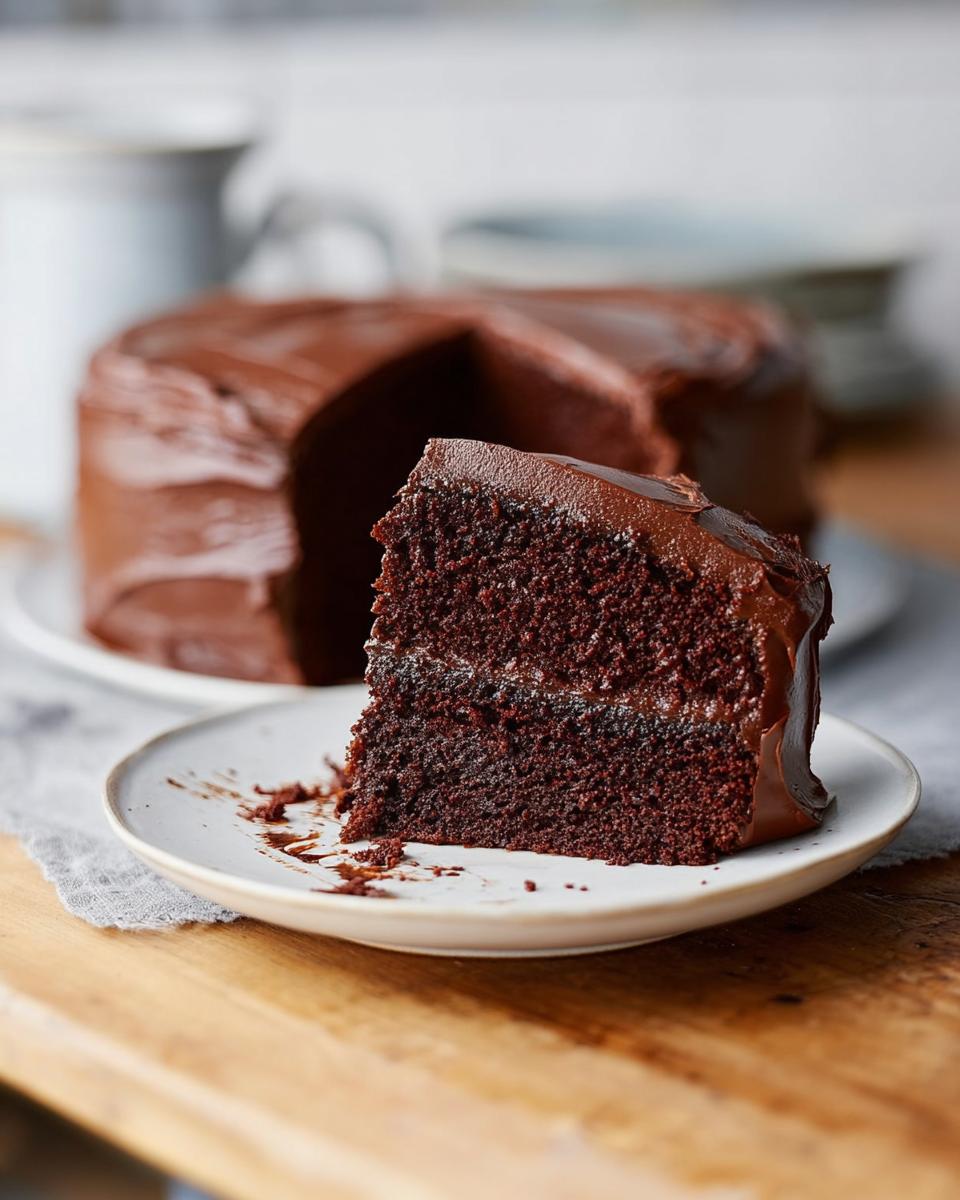 A slice of rich chocolate cake with smooth frosting, part of a whole cake in the background. A perfect example of 7-Ingredient Cake Ideas Recipes.