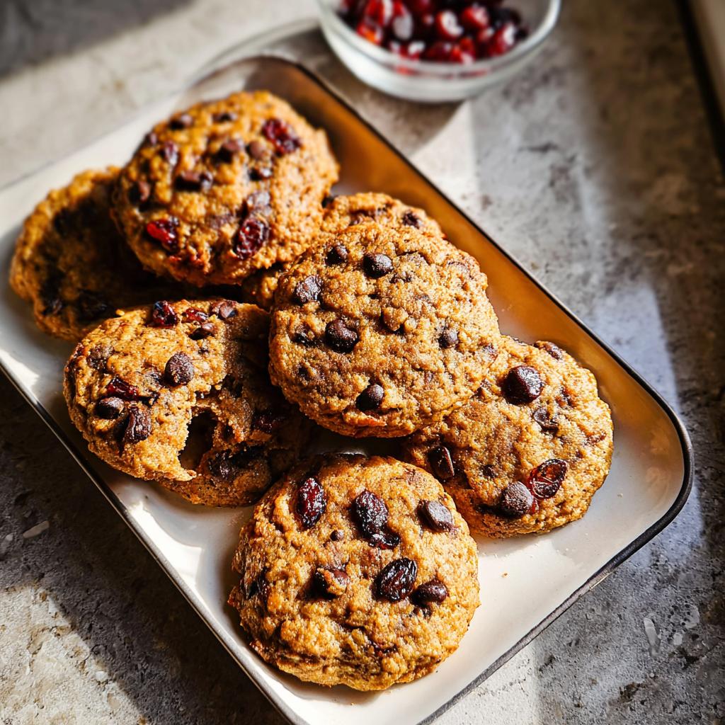 A plate of chocolate chip cranberry cookies, perfect for quick breakfast ideas recipes in 20 minutes.
