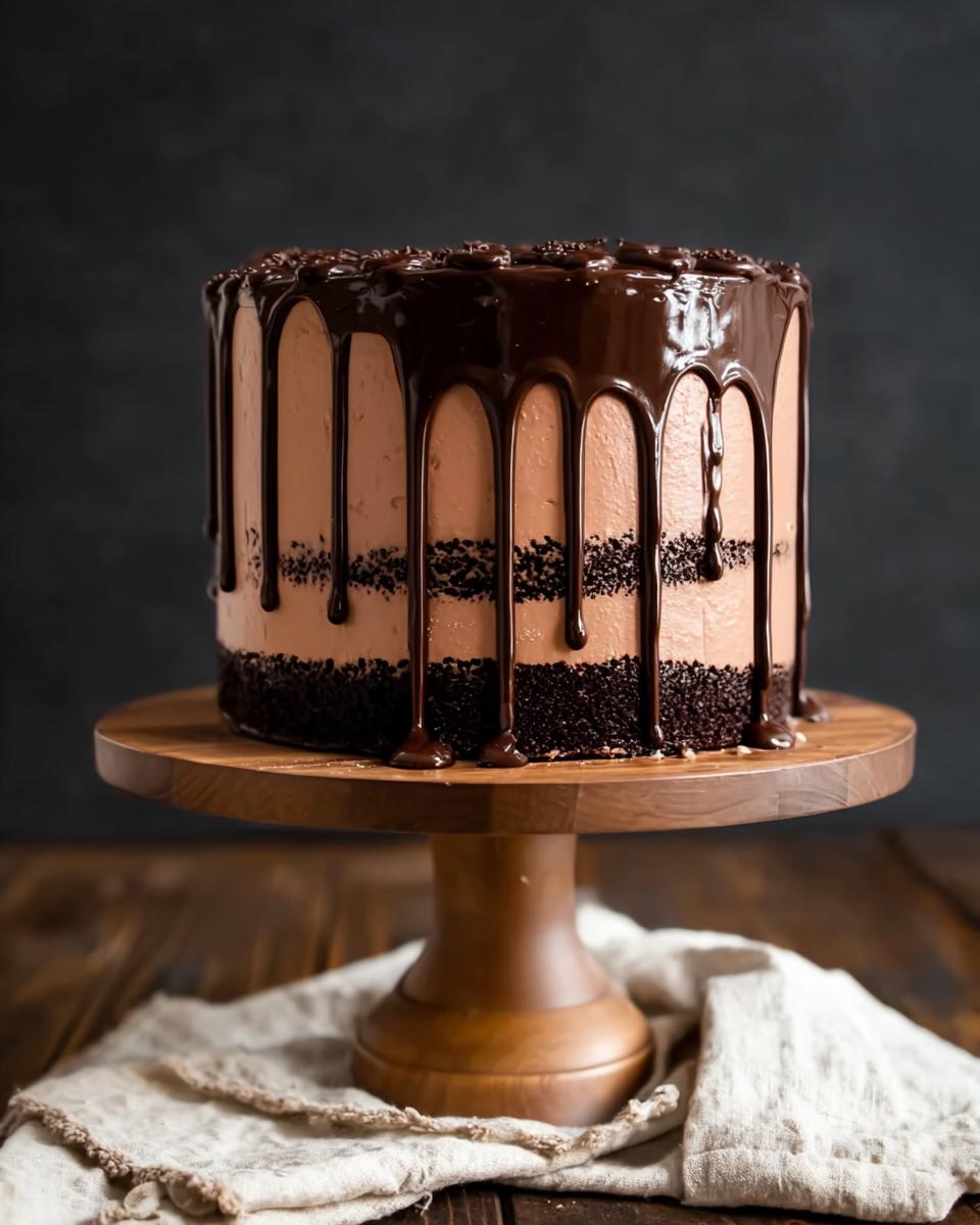 A tall chocolate cake with chocolate frosting and chocolate ganache drip, perfect for cake ideas recipes.