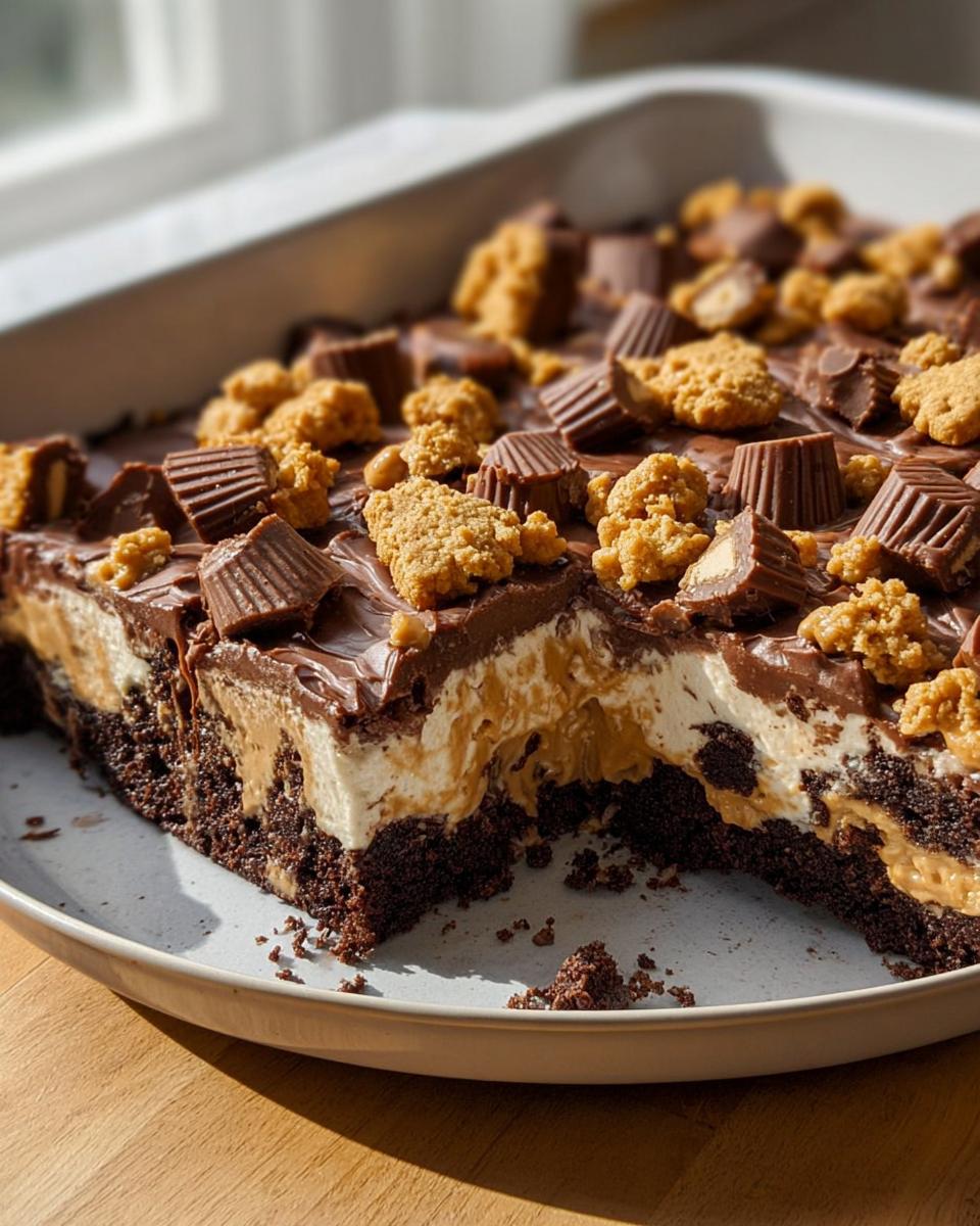 A slice of rich chocolate cake with layers of peanut butter and marshmallow, topped with chocolate ganache and peanut butter cups.