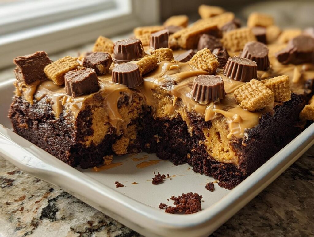 A decadent chocolate cake with a peanut butter swirl, topped with mini peanut butter cups and cookies. Perfect for quick cake ideas recipes.
