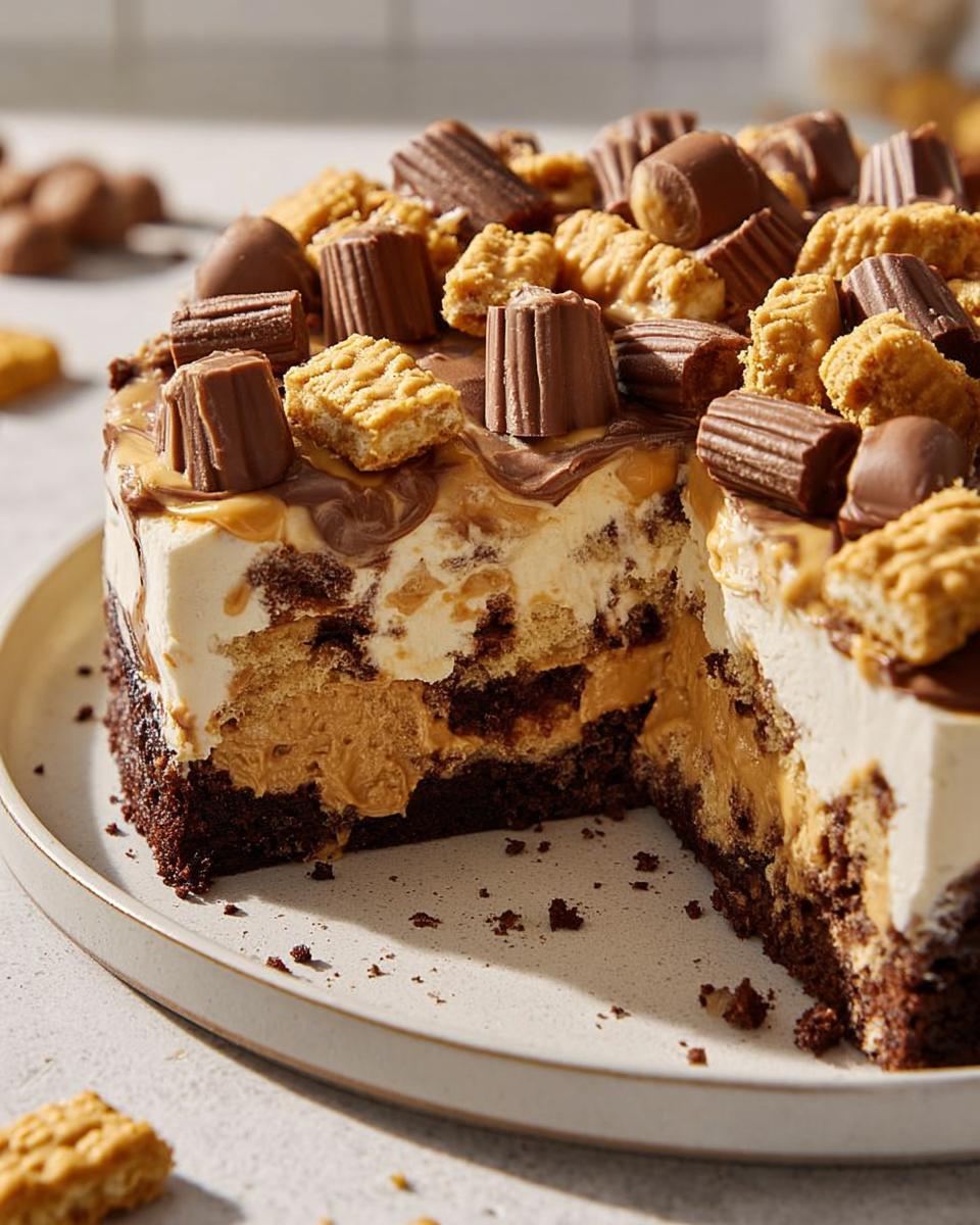 A rich chocolate cake with layers of peanut butter mousse and whipped cream, topped with chocolate candies and cookies. A slice is cut out.