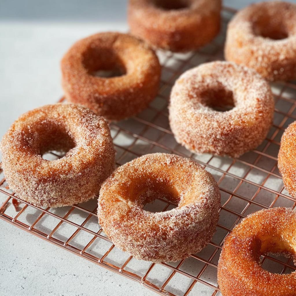 A batch of freshly made cinnamon sugar donuts cooling on a rose gold wire rack, perfect for breakfast ideas recipes.