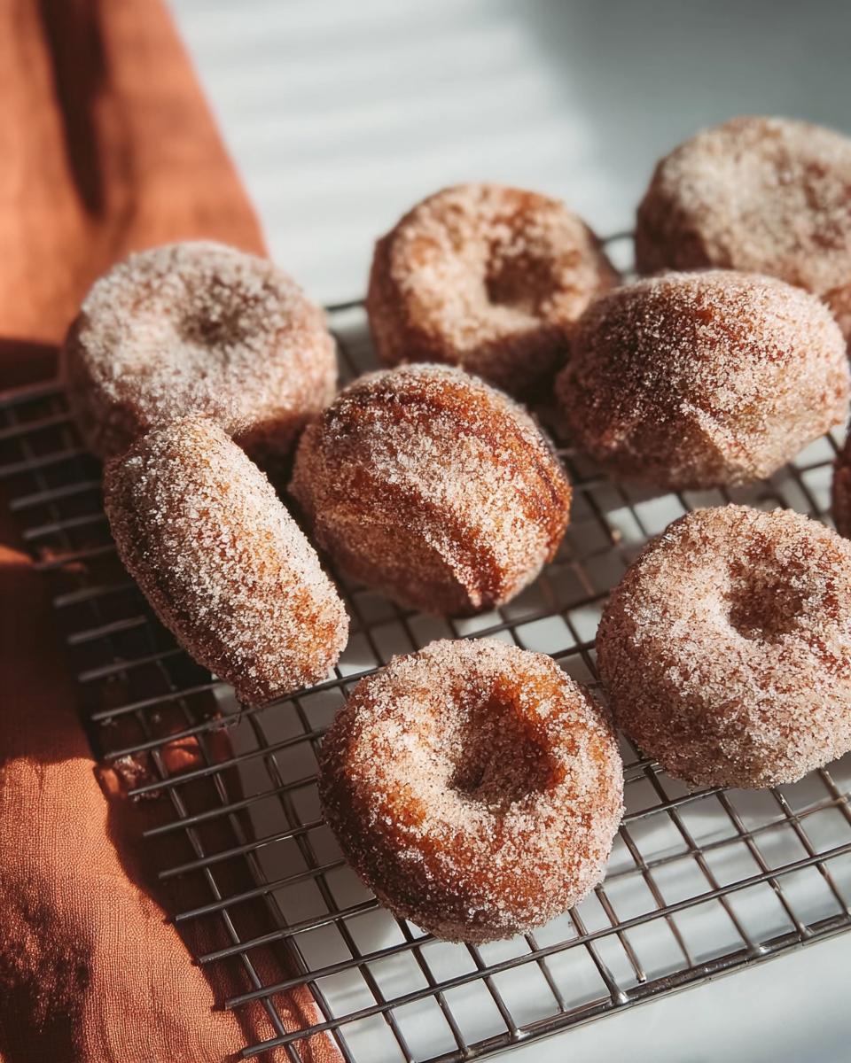 A batch of freshly made cinnamon sugar donuts cooling on a wire rack, perfect for breakfast ideas.
