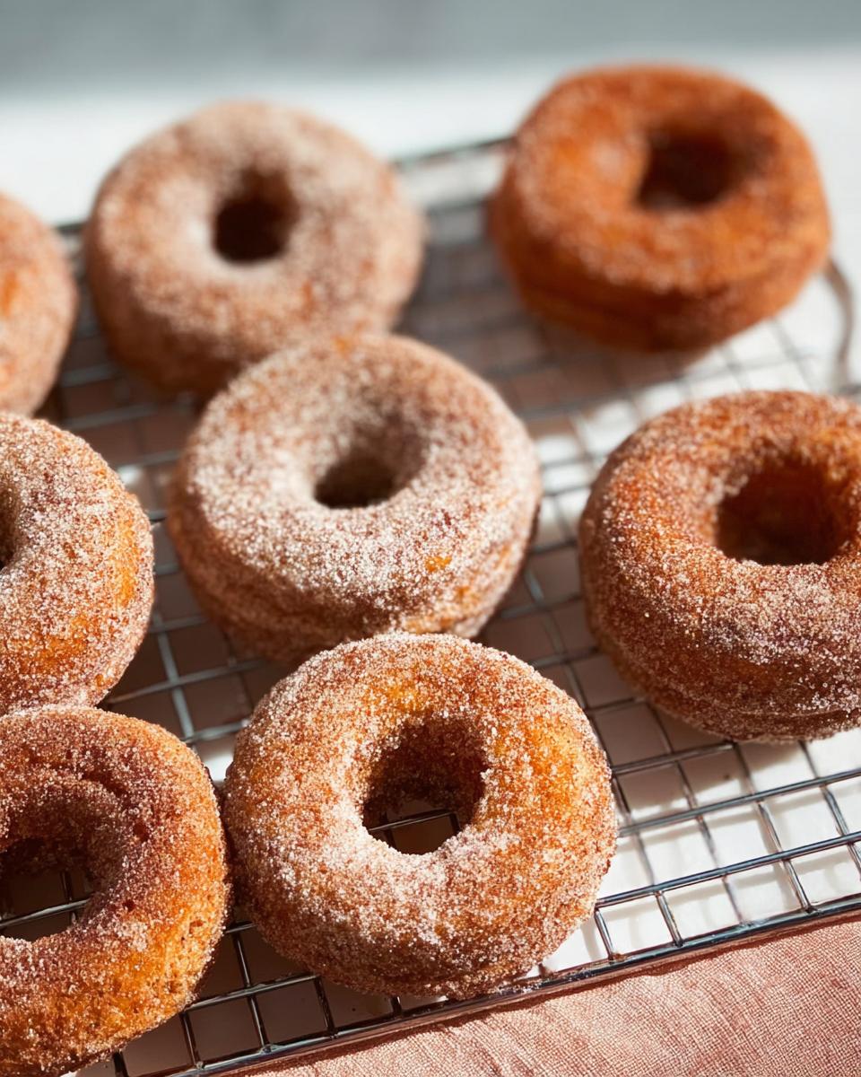 A close-up of freshly baked cinnamon sugar donuts on a cooling rack, perfect for breakfast ideas.