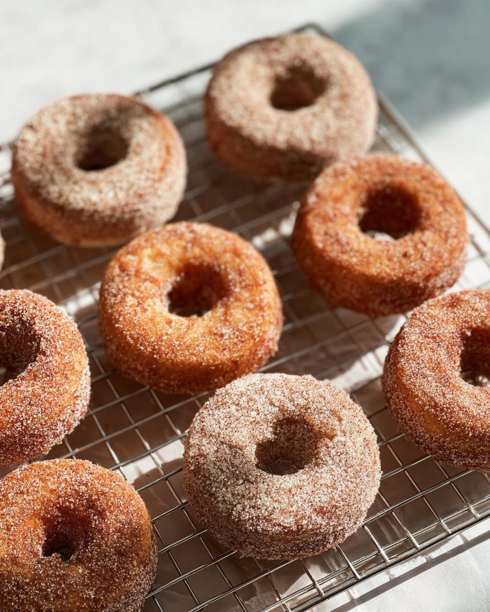 A batch of freshly baked cinnamon sugar donuts cooling on a wire rack, perfect for breakfast ideas recipes.