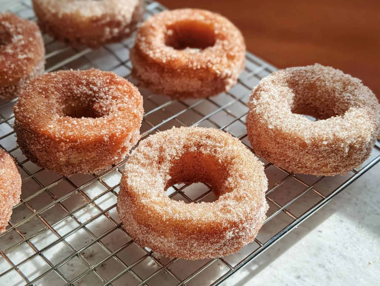 A close-up of freshly baked cinnamon sugar donuts cooling on a wire rack, perfect for breakfast ideas.